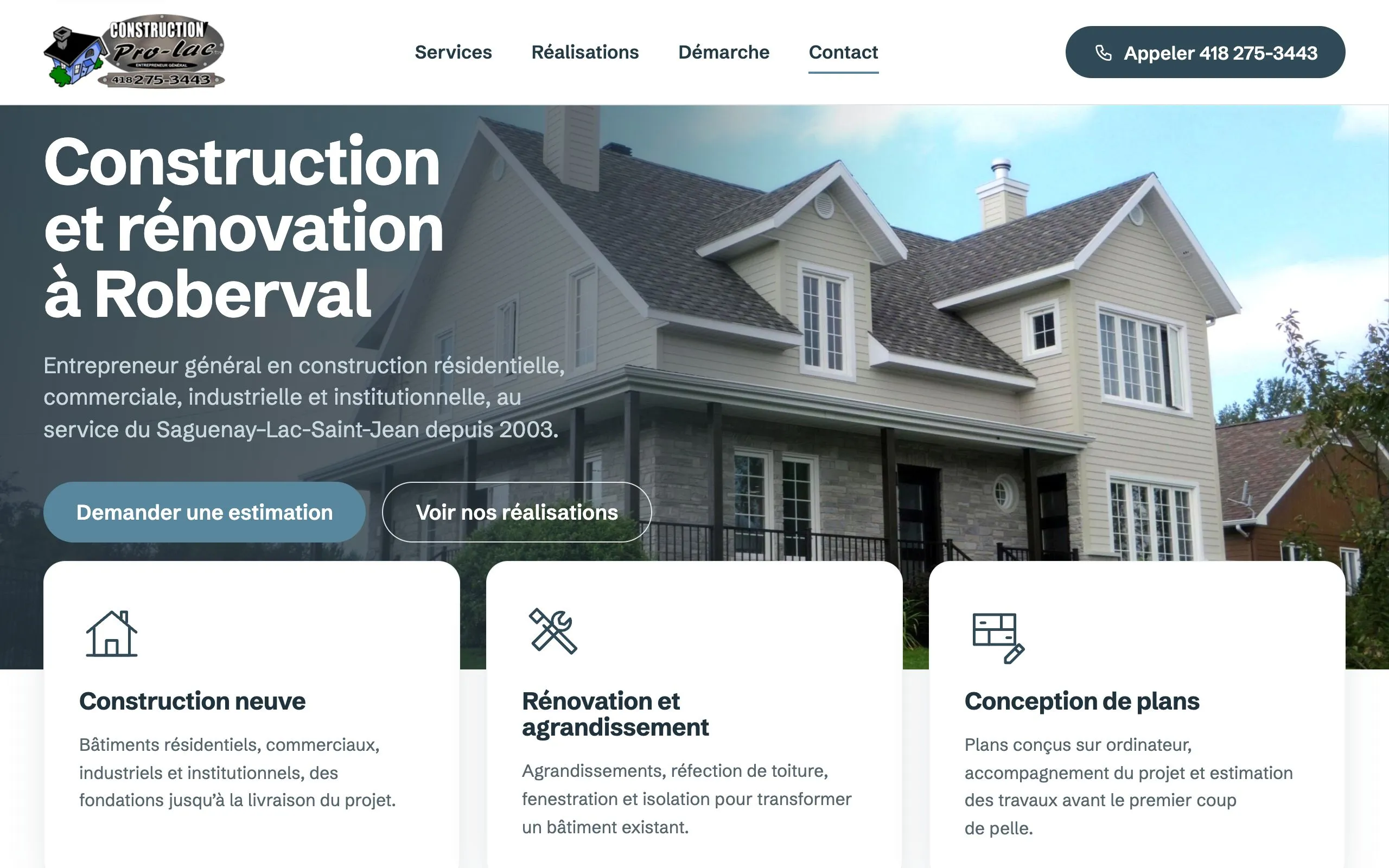 Page d’accueil du site de Construction Pro-Lac