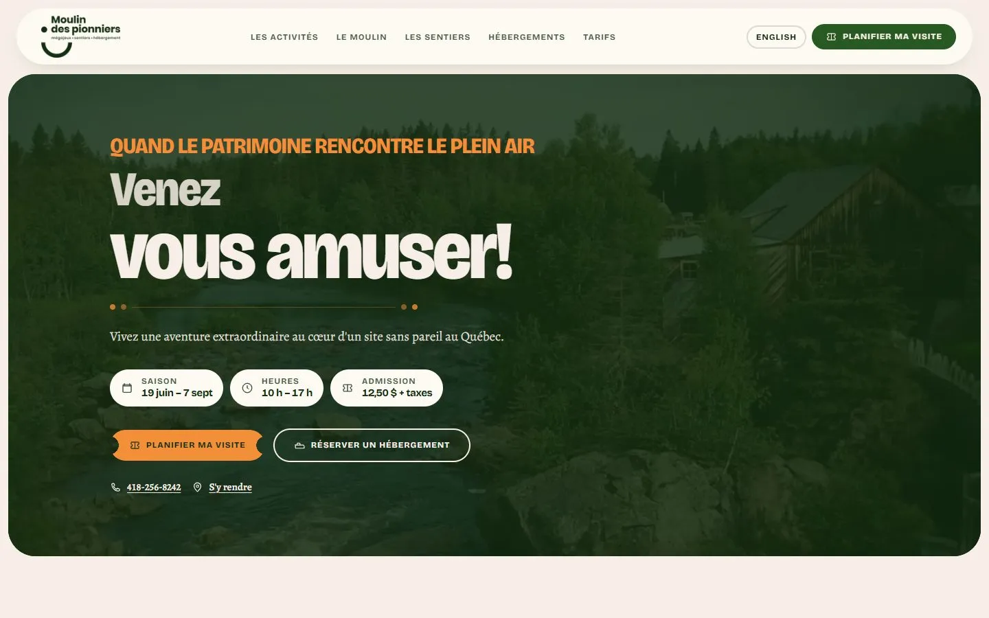 Page d’accueil du site de Moulin des Pionniers