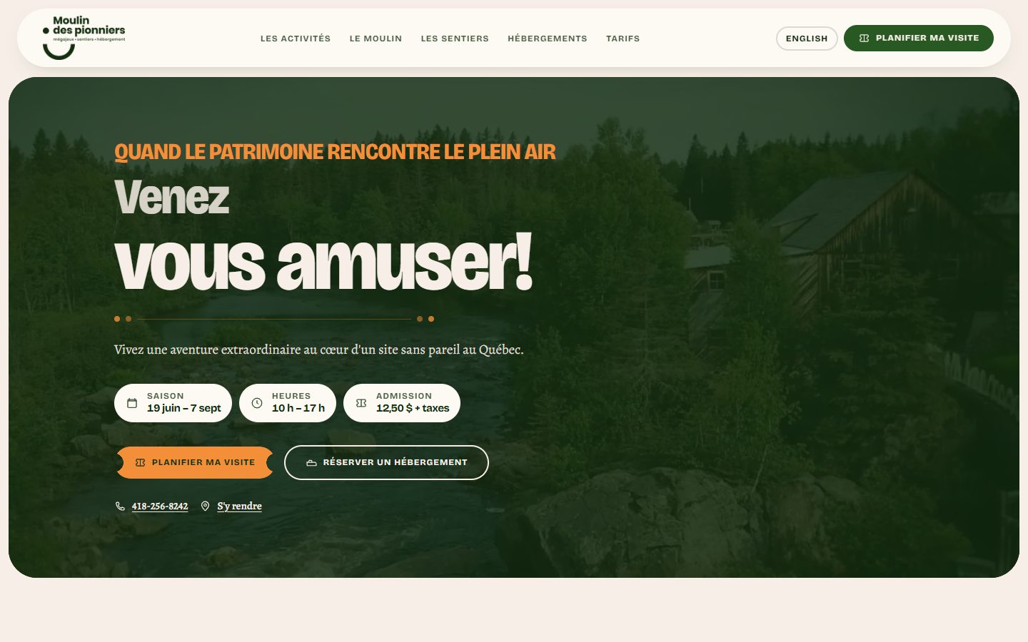 Home page of the site built for Moulin des Pionniers