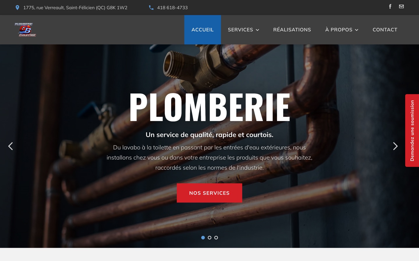 Page d’accueil du site de Plomberie Chauffage GB